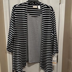 Eileen Fisher Navy and White Striped Open-Front Cardigan